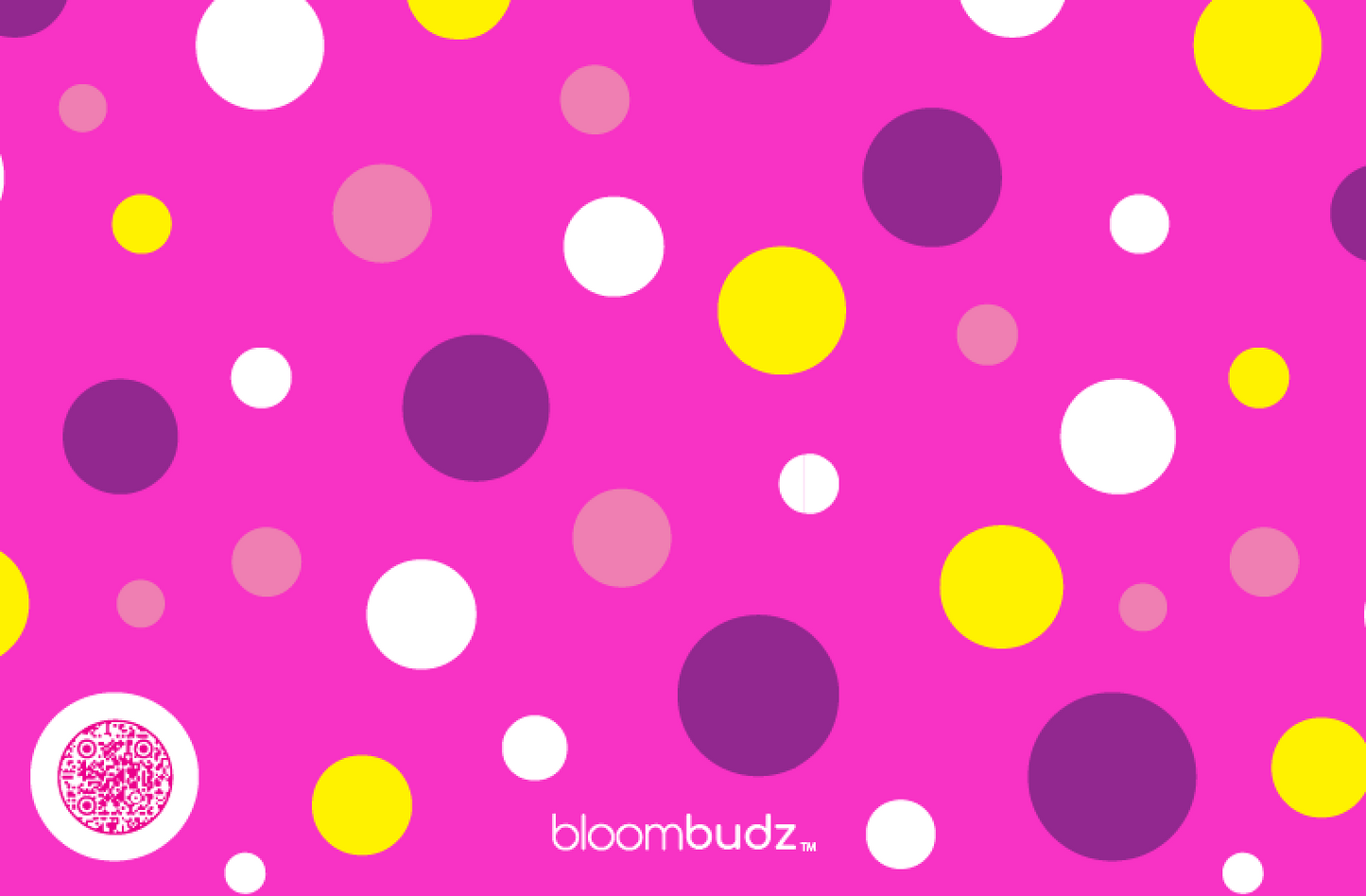 Colorful polka dot pattern on a pink background with 'bloombudz' branding.