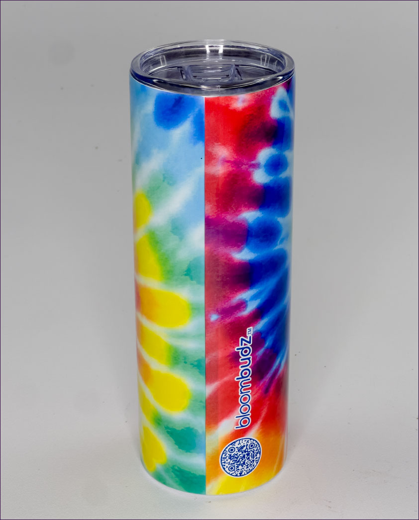 Tie-dye tumbler with colorful pattern and 'bloombudz' branding on a gray background