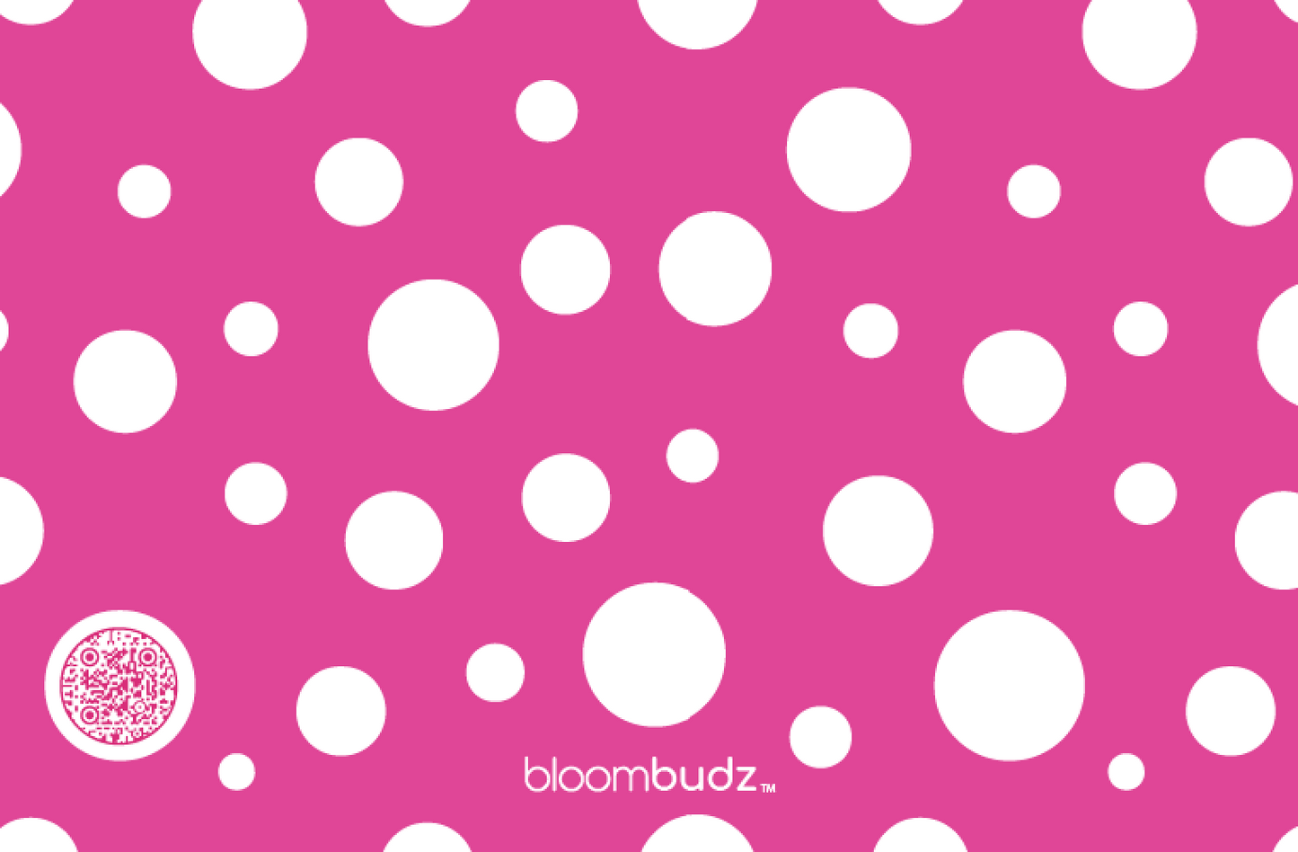 Pink background with white polka dots and 'bloombudz' logo.
