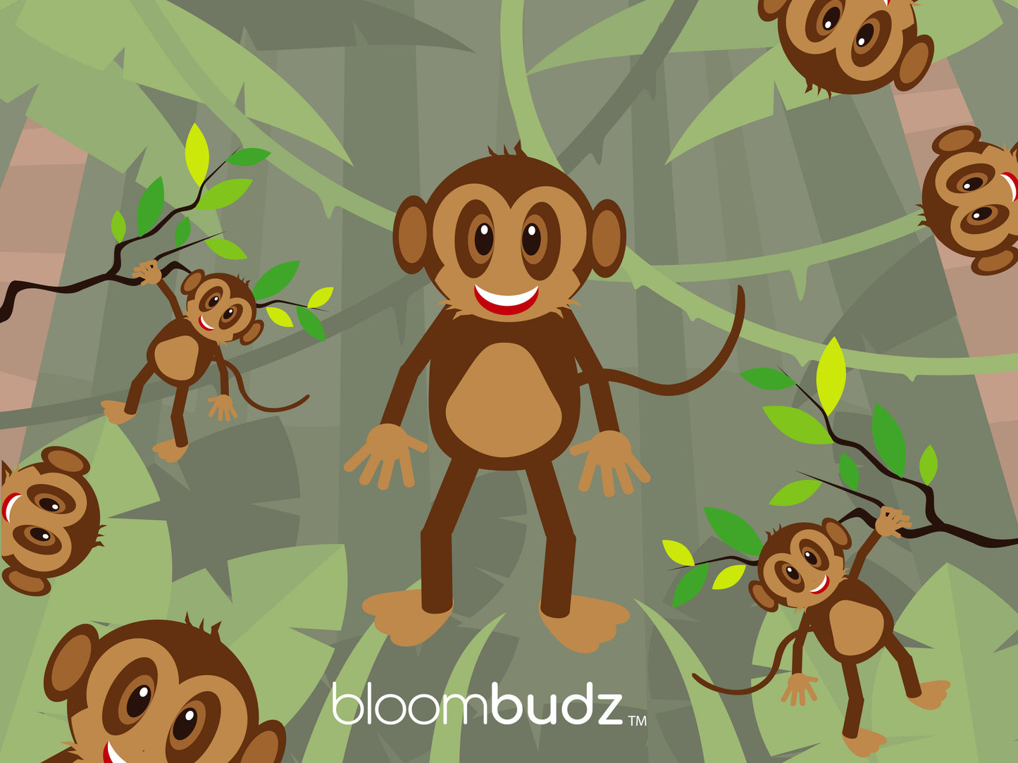 Cartoon monkey characters on a green background with 'bloombudz' branding.