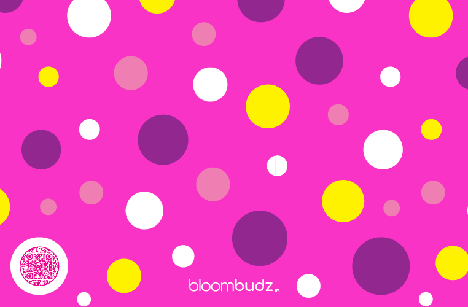 Colorful polka dot pattern on a pink background with 'bloombudz' branding.