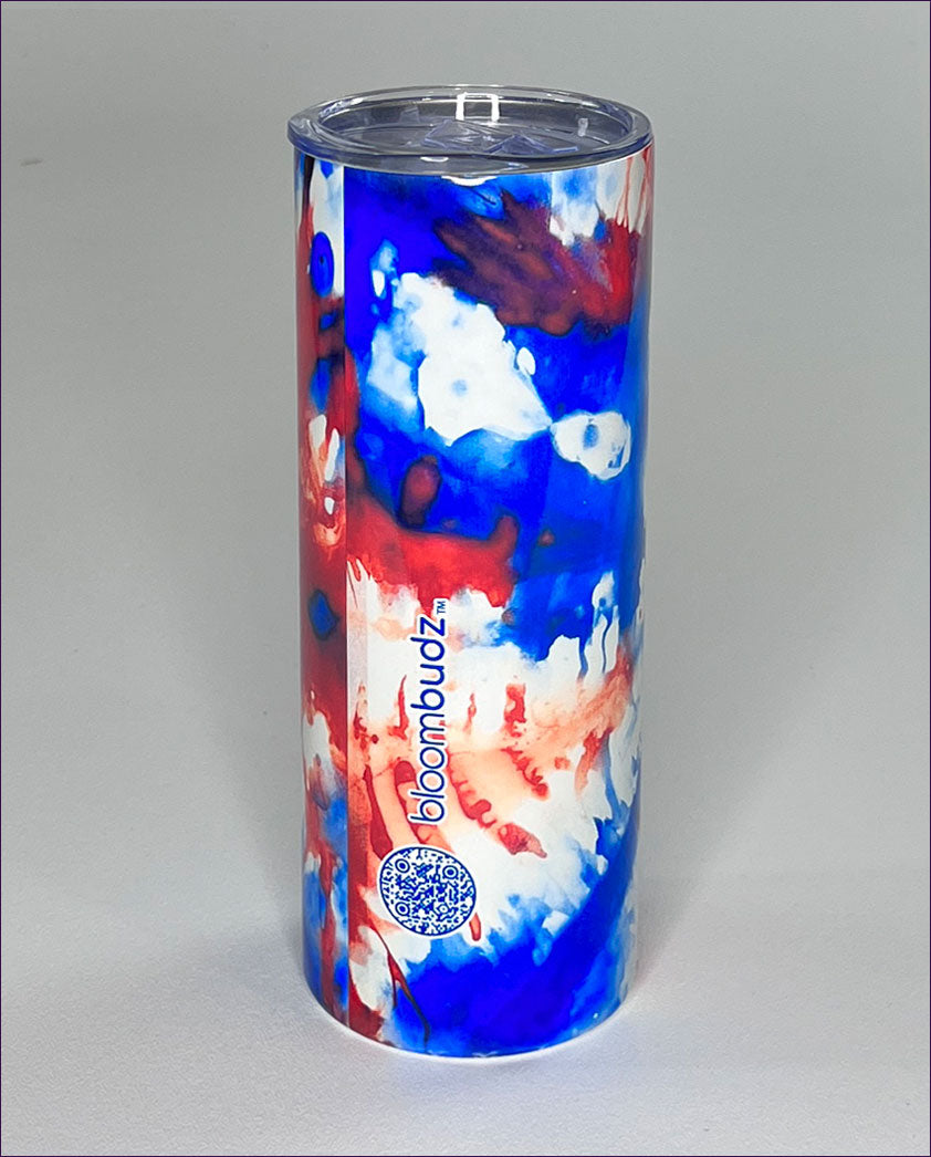 Tumbler with red, white, and blue abstract design on a gray background
