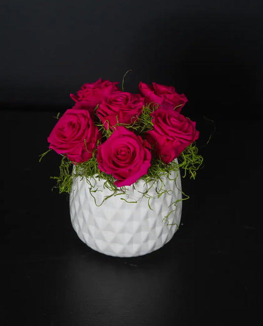 White textured vase with pink forever roses and greenery on a black background by bloombudz