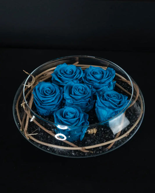 Blue roses in a glass container on a black background by bloombudz florist