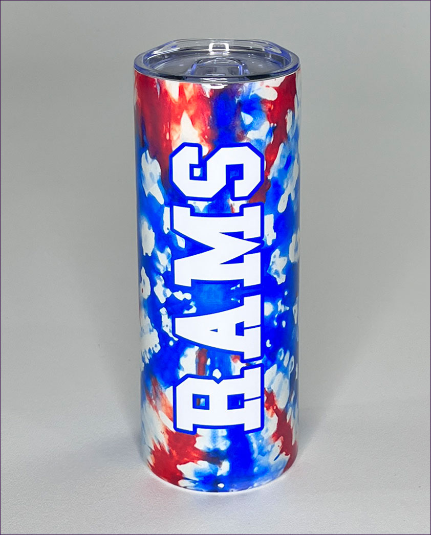 Tumbler with 'RAMS' branding in red, white, and blue on a gray background