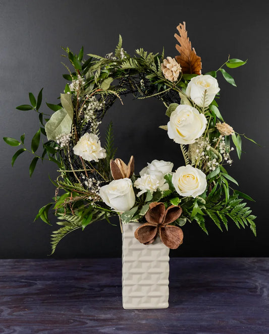 modern table wreath sympathy floral arrangement from bloombudz in Paragould, AR