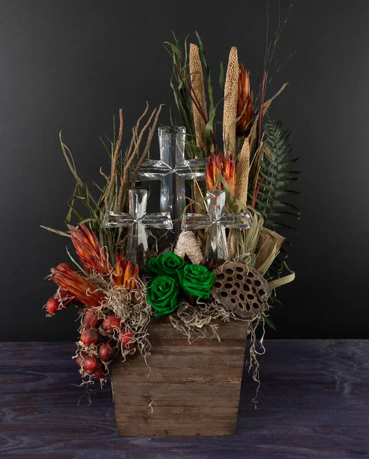 Preserved sympathy floral arrangement with crystal crosses from bloombudz in Paragould, AR