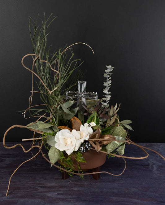 Preserved botanical floral arrangement with crystal cross for sympathy gift by bloombudz in Paragould, AR