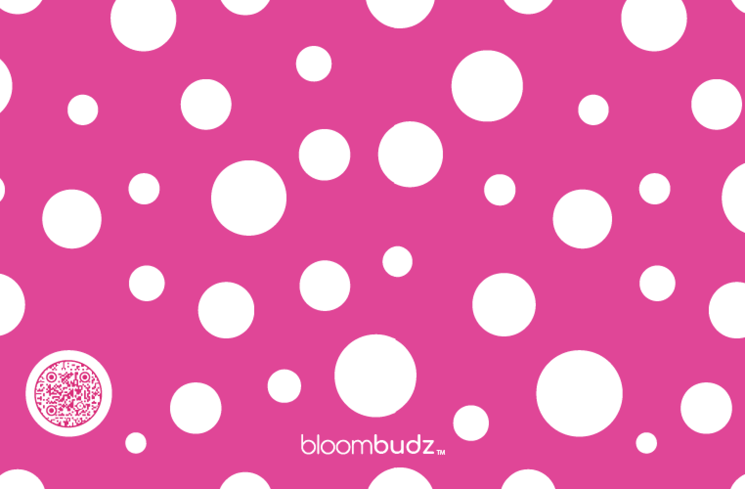 Pink background with white polka dots and 'bloombudz' logo.