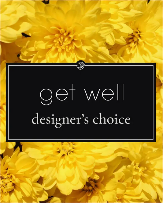 Yellow flowers with a black rectangle containing 'get well' text on a yellow background