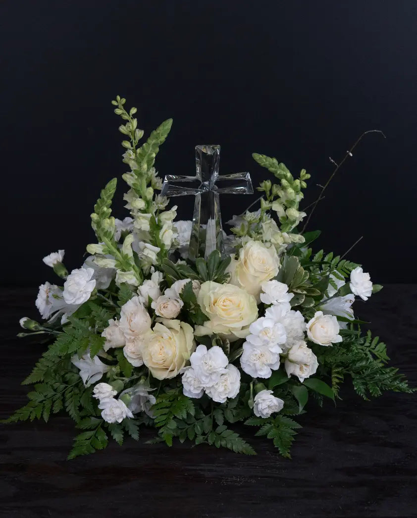 crystal cross with white flowers by bloombudz in Paragould, AR