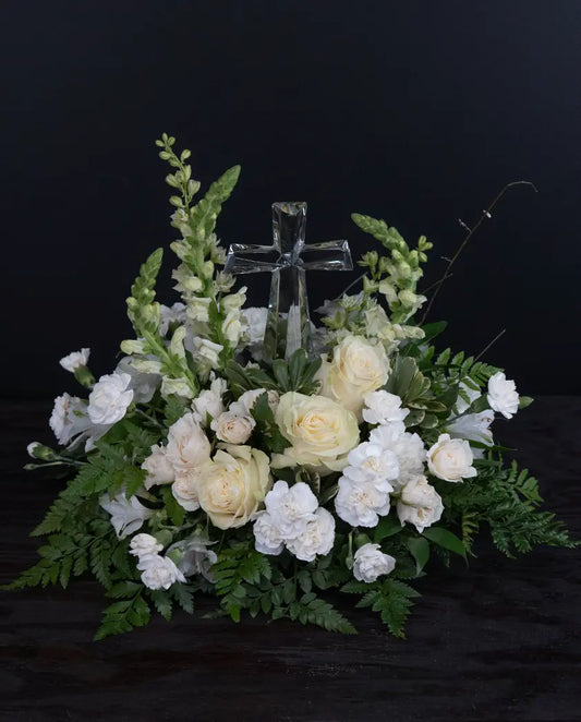 crystal cross with white flowers by bloombudz in Paragould, AR