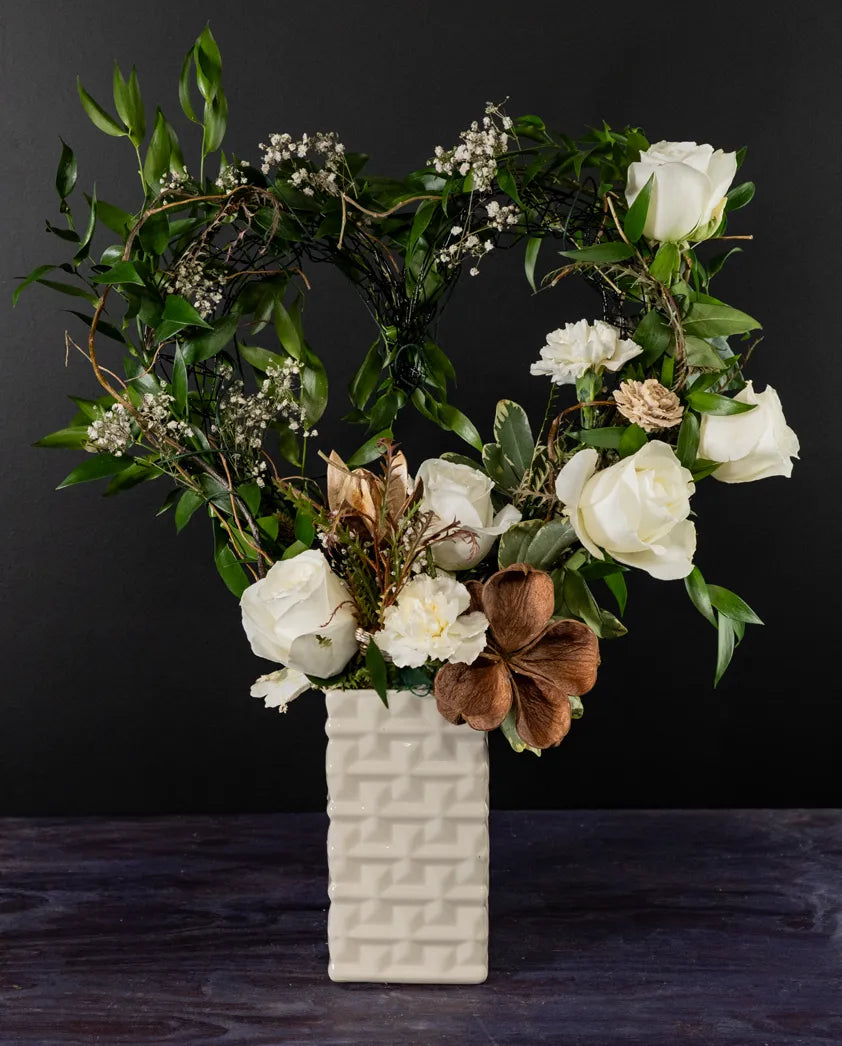 modern table heart wreath sympathy floral arrangement from bloombudz in Paragould, AR