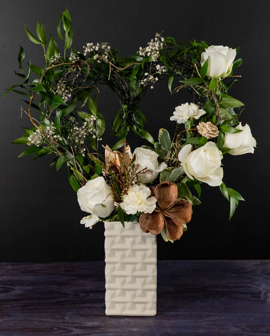 modern table heart wreath sympathy floral arrangement from bloombudz in Paragould, AR