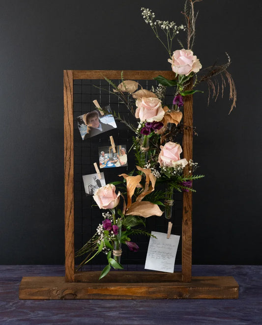 modern sympathy art floral arrangement with custom photos from bloombudz in Paragould, AR