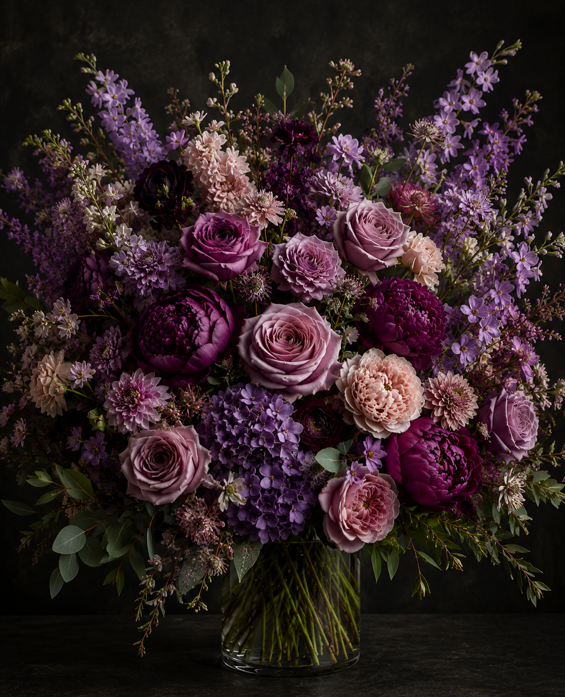 Bouquet of purple and pink flowers in a vase on a dark background